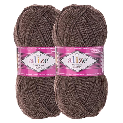 2 x 100g Sockenwolle Superwash Comfort 4-fädig Schurwolle Sockengarn Farbauswahl, Farbe:240 braun meliert von maDDma