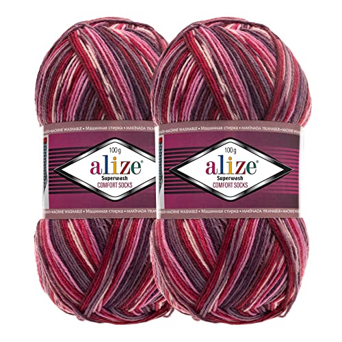2 x 100g Sockenwolle Superwash Comfort 4-fädig Schurwolle Sockengarn Farbauswahl, Farbe:2698 rosa violett rot von maDDma