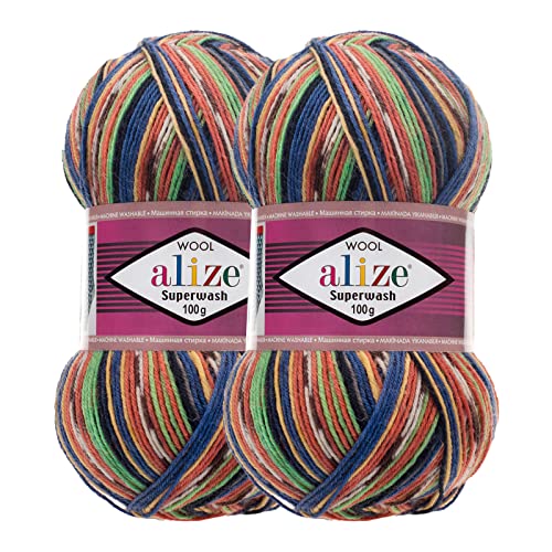 2 x 100g Sockenwolle Superwash Comfort 4-fädig Schurwolle Sockengarn Farbauswahl, Farbe:2701 blau grün orange von maDDma