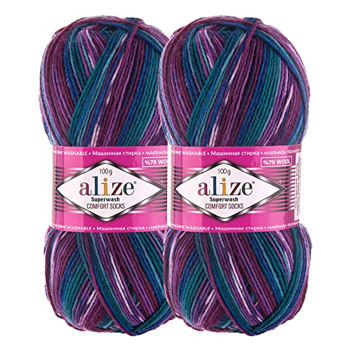 2 x 100g Sockenwolle Superwash Comfort 4-fädig Schurwolle Sockengarn Farbauswahl, Farbe:4412 blau grün bordeaux violett von maDDma