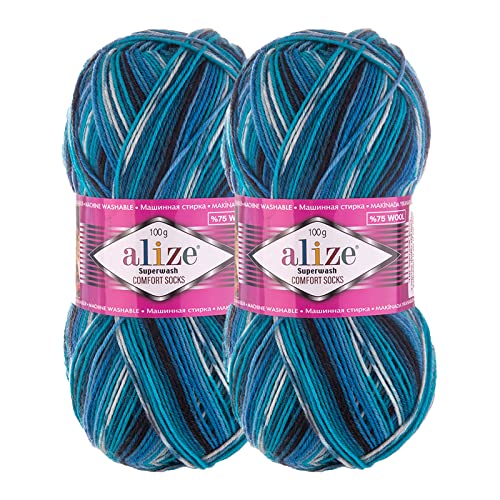 2 x 100g Sockenwolle Superwash Comfort 4-fädig Schurwolle Sockengarn Farbauswahl, Farbe:4446 schwarz blau creme von maDDma