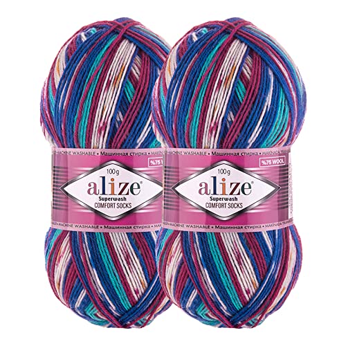 2 x 100g Sockenwolle Superwash Comfort 4-fädig Schurwolle Sockengarn Farbauswahl, Farbe:7654 blau rot gelb creme von maDDma