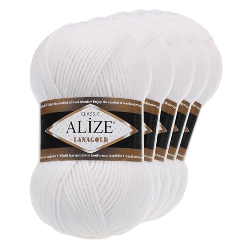 5 x 100 g ALIZE Lanagold 49% Wolle Strickgarn Winterwolle Schurwolle Farbwahl, Farbe:weiß 5 x 100 g ALIZE Lanagold 49% Wolle Strickgarn Winterwolle Schurwolle Farbwahl, Farbe:weiß von maDDma