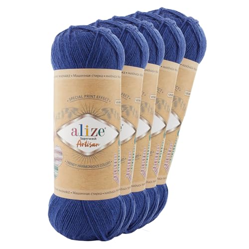5 x 100g Sockenwolle Alize Superwash Artisan 75% Wolle Strickwolle Häkelgarn Farbwahl, Farbe:797 königsblau von maDDma