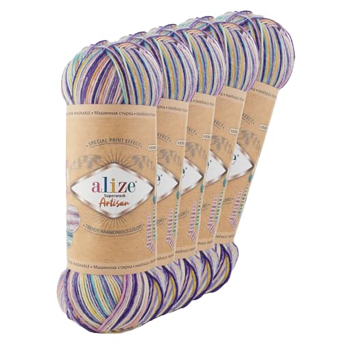 5 x 100g Sockenwolle Alize Superwash Artisan 75% Wolle Strickwolle Häkelgarn Farbwahl, Farbe:9003 Flower Power von maDDma