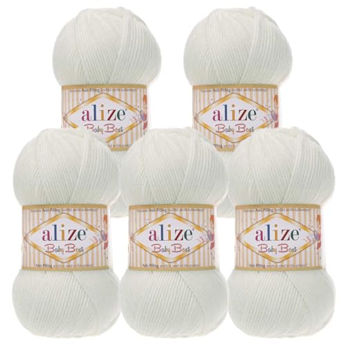 5 x 100g Strickgarn ALIZE Baby Best uni Babywolle Wolle Antipilling 44 Farben, Farbe:450 perlweiß von maDDma