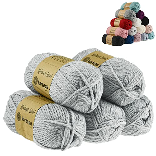 5 x 100g Strickgarn Kartopu Melange Wool Strick-Wolle Garn Häkelgarn Wolle Farbwahl, Farbe:K1000 silbergrau von maDDma