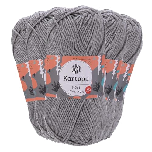 5 x 100g Strickgarn Kartopu NO:1 Wolle Anti Pilling Effekt Oeko-Tex zertifiziert Wolle Farbwahl, Farbe:K1000 silbergrau von maDDma