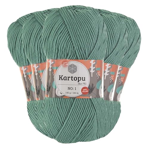 5 x 100g Strickgarn Kartopu NO:1 Wolle Anti Pilling Effekt Oeko-Tex zertifiziert Wolle Farbwahl, Farbe:K493 grüngrau von maDDma