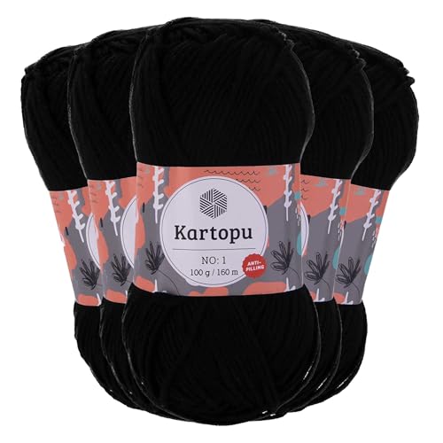 5 x 100g Strickgarn Kartopu NO:1 Wolle Anti Pilling Effekt Oeko-Tex zertifiziert Wolle Farbwahl, Farbe:K940 schwarz von maDDma