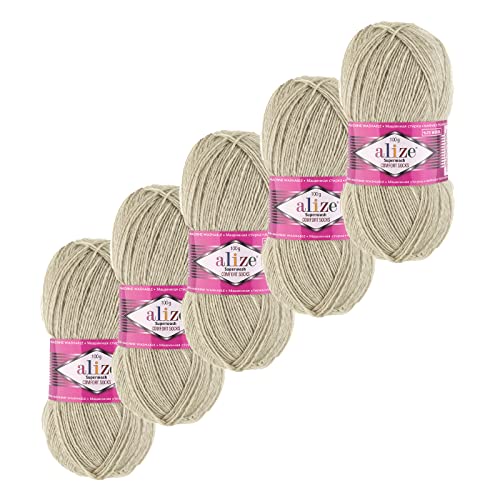 5x100g Sockenwolle Superwash Comfort 4-fädig Schurwolle Strumpfstrickgarn Farbauswahl, Farbe:152 hellbeige meliert von maDDma