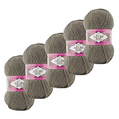 5x100g Sockenwolle Superwash Comfort 4-fädig Schurwolle Strumpfstrickgarn Farbauswahl, Farbe:207 beige-braun von maDDma