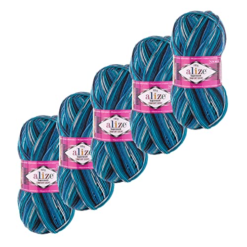 5x100g Sockenwolle Superwash Comfort 4-fädig Schurwolle Strumpfstrickgarn Farbauswahl, Farbe:4446 schwarz blau creme von maDDma