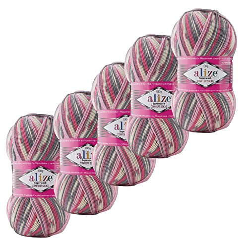 5x100g Sockenwolle Superwash Comfort 4-fädig Schurwolle Strumpfstrickgarn Farbauswahl, Farbe:7707 weiß grau rosa von maDDma