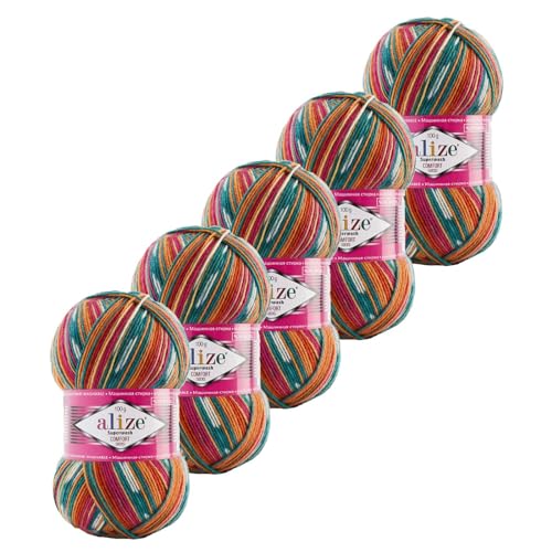 5x100g Sockenwolle Superwash Comfort 4-fädig Schurwolle Strumpfstrickgarn Farbauswahl, Farbe:7839 grün pink tera von maDDma