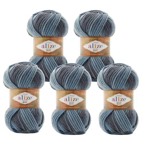 Alize Superlana Maxi Batik 5 x 100g Farbverlaufsgarn 25% Wolle Winterwolle Häkelgarn mehrfarbig Farbwahl, Farbe:7785 Meeresrauschen von maDDma