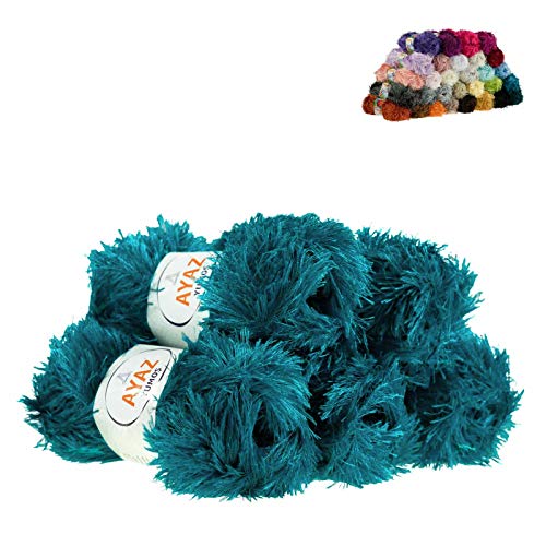 Fransen-Strickgarn Yumos 5 Knäuel je 150m/100g Strickgarn Wolle Strickwolle, Nadelstärke 4-5, Häkelnadel 3, Farbe:1328 dunkelpetrol von maDDma