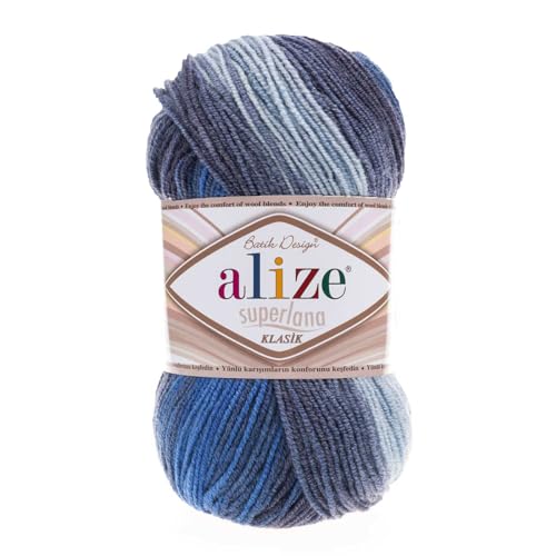 Strickgarn Alize Superlana Klasik Batik 25% Wolle 100g Farbwahl, Farbe:4761 Blautöne von maDDma