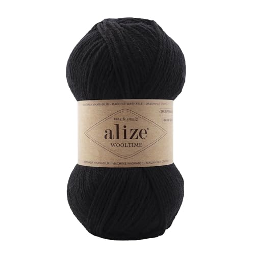 Strickgarn Alize Wooltime 100g 75% Wolle Oeko-Tex 100 Häkelgarn Farbwahl, Farbe:60 schwarz von maDDma