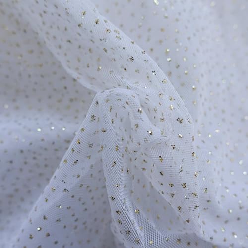 Tüll mit Glitzer Kostümstoff Fasching Royal Tüll 1 x 1,5 m Meterware Farbwahl, Farbe:005 - weiß/gold von maDDma
