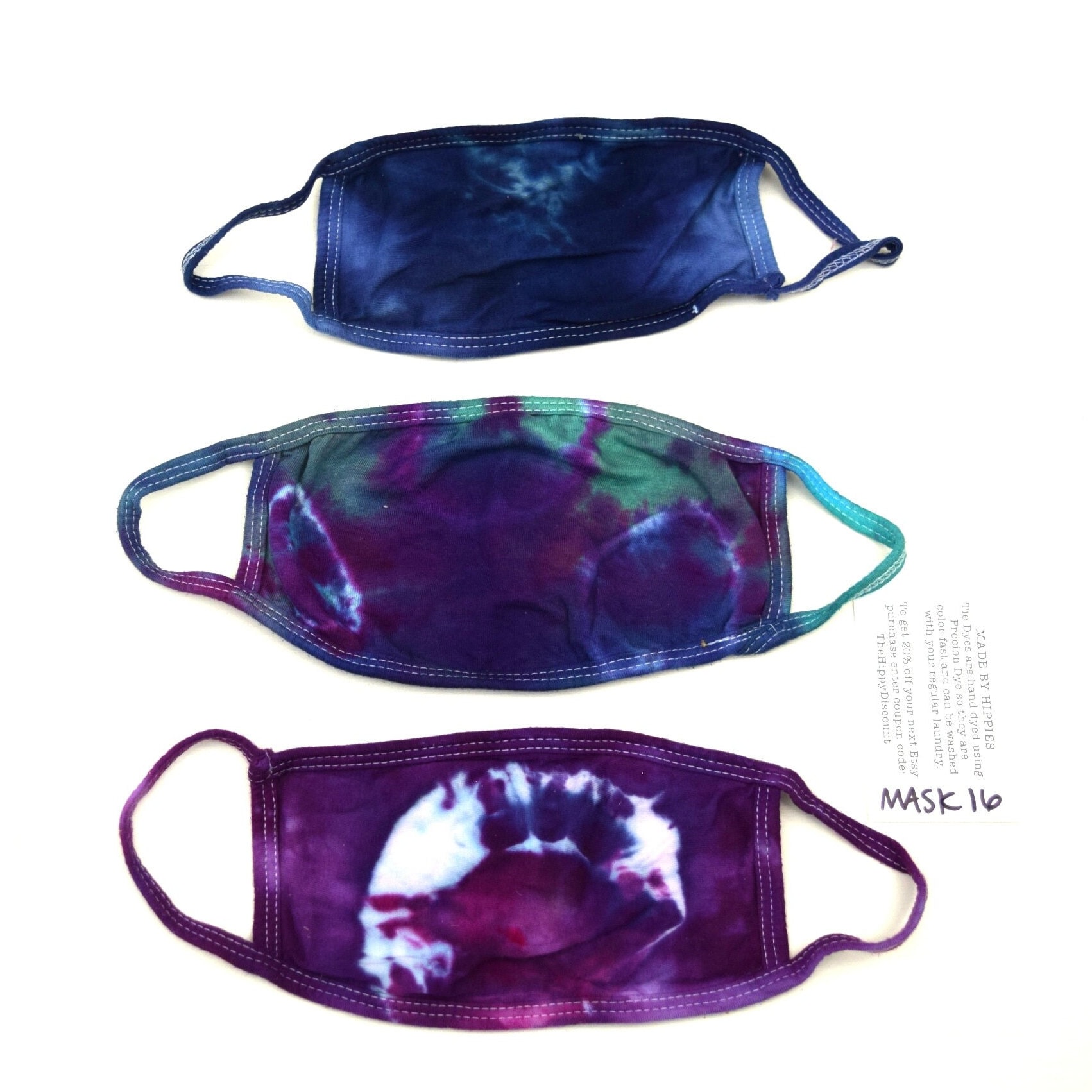 Maskenpackung #16 ~ 3Er Set Ice Tie Dye Masken Erwachsene Klein | 2 Lagen Baumwolle Jersey Maske Stoff Earloops Dehnbar, Nicht Verstellbar Lila Grün von madebyhippies