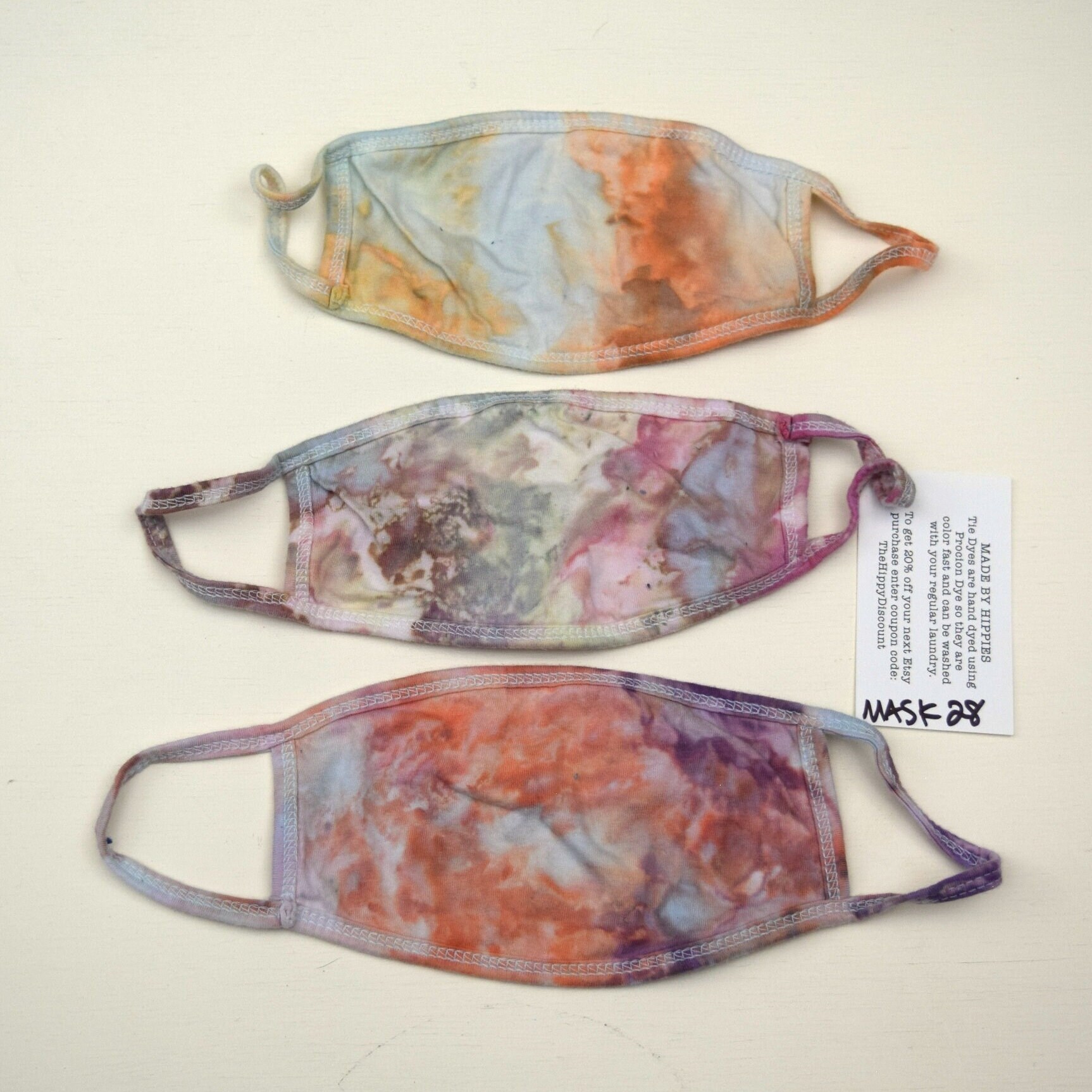 Maskenpackung #28 ~ 3Er Set Eisfarben Krawatte Maske Erwachsene Klein | 2 Lagen Baumwolle Jersey Stoff Earloops Stretchy Non-Adjustable Neutrals von madebyhippies