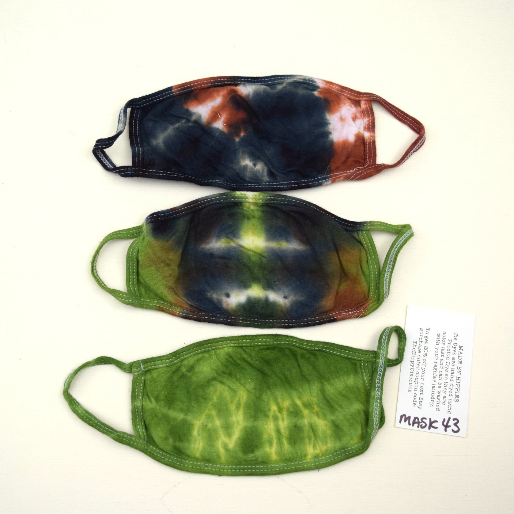 Maskenpackung #43 ~ 3Er Set Ice Dye Tie Adult Small Size Masken | 2 Lagen Baumwolle Jersey Maske Fabric Earloops Stretchy Non-Adjustable Variabel von madebyhippies