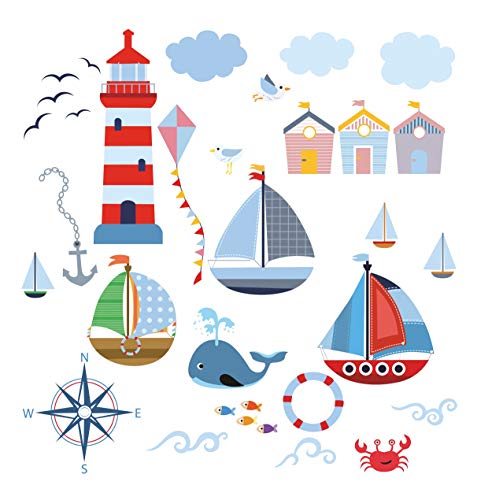 Wandsticker für Kinder Wandtattoo Aufkleber Wandaufkleber Kind Baby Kindergarten Zimmer Meer Ozean Schiffe Segelboote Boote Seelaterne Seeaufkleber Fisch Wanddeko Baby Kinder Sticker MK164B XL von madras24