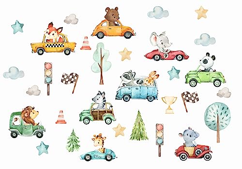 Wandtattoo Wandaufkleber für Kinder Autos Tiere Autos Transport Fahrzeuge Wanddekoration Aufkleber Aquarell Kinderzimmer von madras24