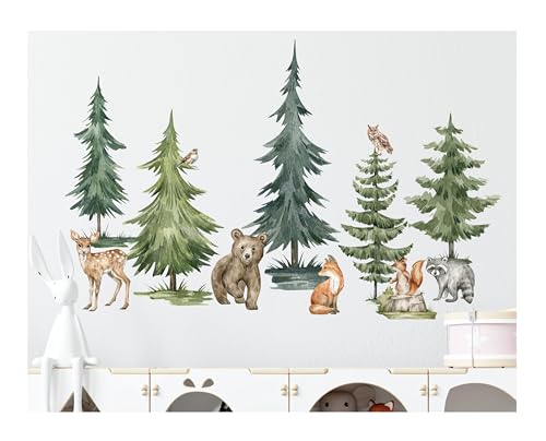 Wandtattoo Wandsticker Baum Große Kiefer Wandaufkleber Waldtiere Bär Buntes Pflanze Selbstklebend Abnehmbar Wandkunst Aufkleber Für Mädchen und Jungen Kinder Kinderzimmer Fichte, Fuchs von madras24