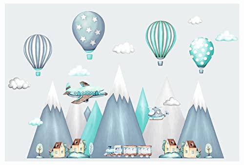 Wandtattoo kinderzimmer berge Nordic Bergen Aufkleber Wandaufkleber Kind Baby Kindergarten Zimmer Gebirge luftballons Ballons Ballon Wolken Wolke Landschaft Wanddeko Baby Kinder Flugzeug von madras24