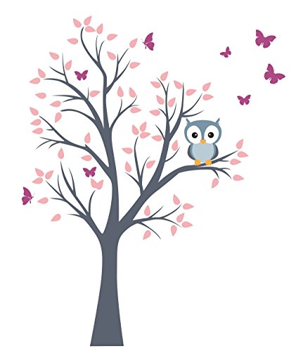 Wandtattoo kinder Babyzimmer Aufkleber Eule Eulen Wandsticker Wand Waldtiere Kinderzimmer Wandaufkleber Dekoration fürs Baby Kindergarten Baum Tiere Grau von madras24