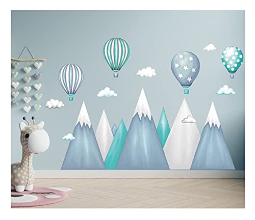 madras24 wandtattoo kinderzimmer berge Nordic Bergen Aufkleber Wandaufkleber Kind Baby Kindergarten Zimmer Gebirge luftballons Ballons Ballon Wolken Wolke Landschaft Wanddeko Sticker 247cm x 166cm von madras24