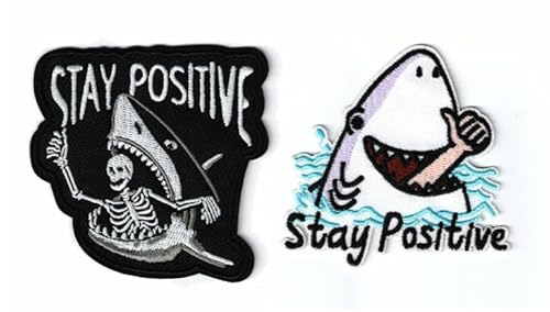 Magictodoor Funny Stay Positive Bügelbilder | Hai mit Totenkopf Hello & Shark mit kämpfender Hand Designs | Gestickte Abzeichen für Kleidung, Taschen, Hüte und mehr | witzige und humorvolle von magictodoor