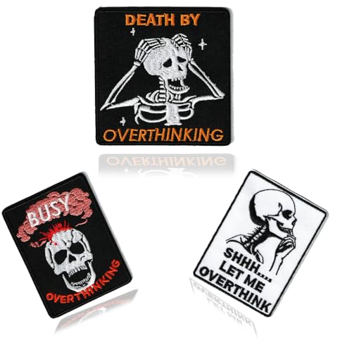 Magictodoor Overthinking Skelett Aufnäher zum Aufbügeln, 3 einzigartige humorvolle Totenkopf-Designs, "Hold on, let me overthink this", lustige bestickte Abzeichen für Jacken, Hüte, Taschen und mehr von magictodoor