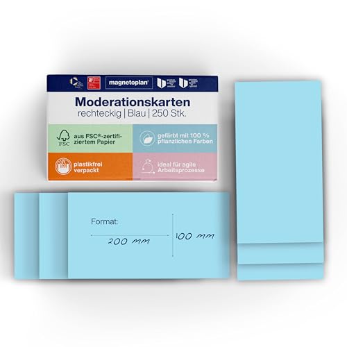 magnetoplan Moderationskarten, rechteckig | BxH 200x100 mm | 250 Stück | Kommunikationskarten in blau | Für Meetings und Präsentationen | FSC-zertifiziert und kunststofffrei verpackt von magnetoplan