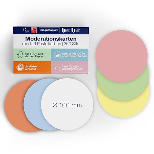 magnetoplan Moderationskarten, rund | Ø 100 mm | 250 Stück | Moderationskarten in 6 Pastellfarben | Für Meetings und Präsentationen | FSC-zertifiziert und kunststofffrei verpackt von magnetoplan