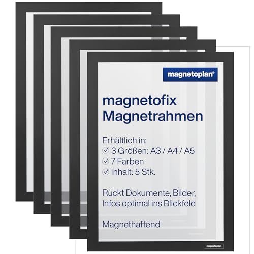 magnetoplan magnetofix Magnetrahmen, 5 Stück, schwarz| Format: A4 | Magnethaftender Rahmen für Dokumente + Bilder | Magnetischer Inforahmen für Büro, Schule, Lager + Werkstatt von magnetoplan