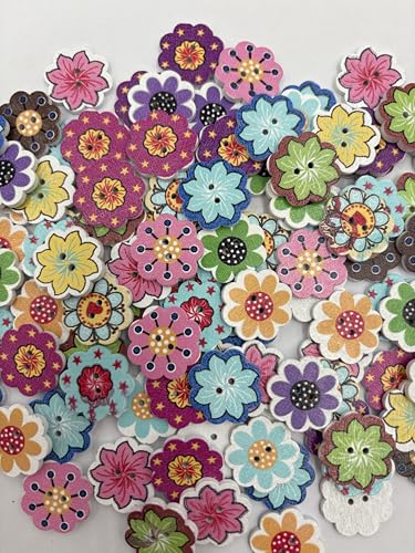 Dekorative Holzknöpfe, Blume, 2 Löcher, mehrfarbig, Gänseblümchen und Sonnenblumen-Designs (B-Blume), 100 Stück von mahaohao