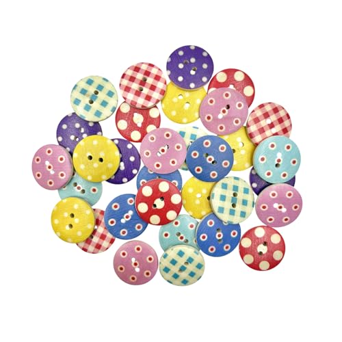 Dekorative runde Holzknöpfe, 25 mm, Punkte- und Gingham-Muster, mehrfarbig, 50 Stück von mahaohao