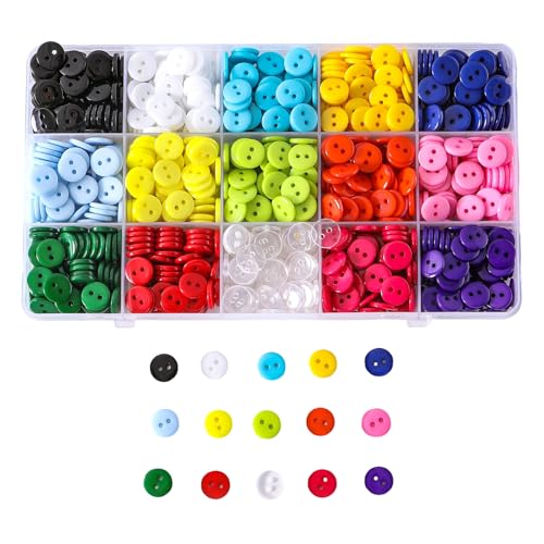 Mahaohao Nähknöpfe aus Kunstharz, 2 Löcher, flache Rückseite, 15 Farben, mit Aufbewahrungsbox, glatte, wasserdichte Oberfläche für Bastelarbeiten (9 mm, 10 mm, 12,5 mm, 15 mm, 20 mm, 25 mm) (gemischte von mahaohao