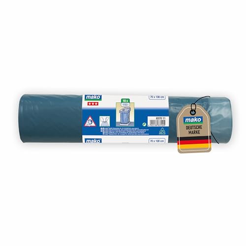 mako Müllsäcke 10x 110 l KOMFORT – Stabile, reißfeste Müllbeutel mit Zugband, 110 l Fassungsvermögen, aus 100% recyceltem Material, wasserdicht von Mako