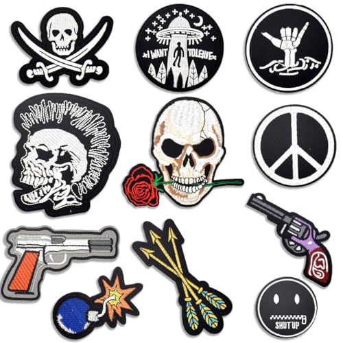 12 Stück Biker Bügelflicken - Motorrad Aufbügler Aufnäher - Punk-Stil Patches - Schädel Patch für DIY Kleidung, Jacken, Jeans, Mäntel, Hüte 12 Stück Biker Bügelflicken - Motorrad Aufbügler Aufnäher - Punk-Stil Patches - Schädel Patch für DIY Kleidung, Jacken, Jeans, Mäntel, Hüte von makstore