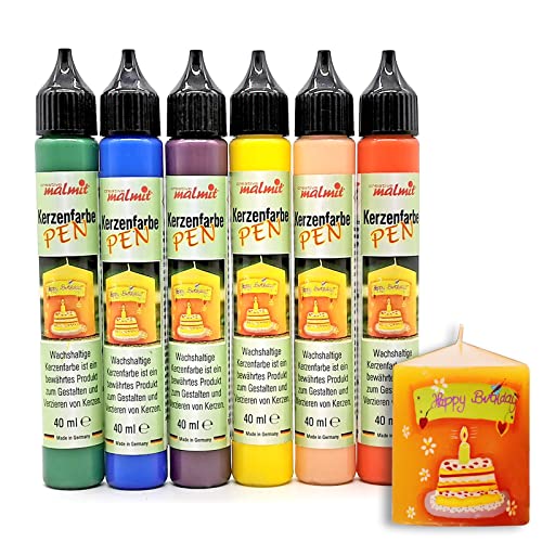 Creativ malmit® Kerzenfarbe 6er Set Kerzenstifte je 40 ml Wachsfarben Kerzen bemalen Flüssigwachs Nr.1 von malmit