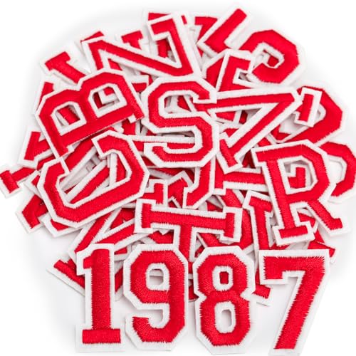 Aufnäher zum Aufbügeln mit Buchstaben und Zahlen, bestickt, A-Z, Zahlen 0–9, Applikation für Kleidung, Hüte, Rucksäcke, Jacken, Hosen, 72 Stück (36 Stück, rot) von mancyz