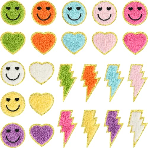 Chenille-Patches für Kleidung, selbstklebend, Regenbogen-Blumengesicht, Liebe, Herz, Aufnäher für Jeans, bestickte Applikation (24) von mancyz