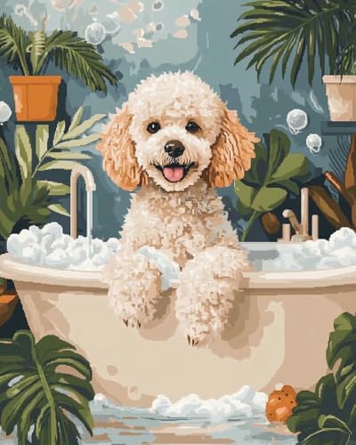 mantianhome Kreuzstich-Set mit tropischen Blumen und Blättern für Anfänger, Pudel in der Badewanne, Kreuzstich-Stickset, gedrucktes Muster, Stickset, 11 CT –40X50CM von mantianhome