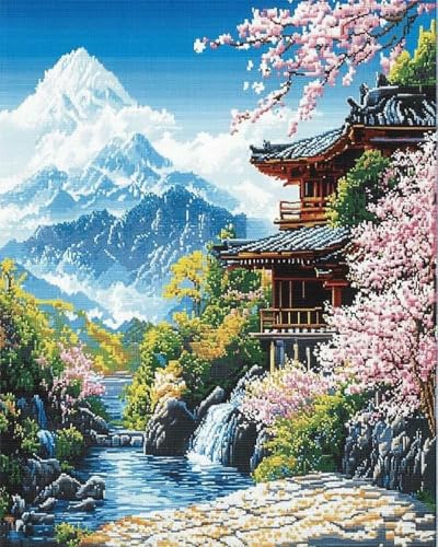 mantianhome Kreuzstich-Set mit verschneiter Berglandschaft für Erwachsene und Anfänger, Sakura Pavilion Park, 11CT Kreuzstich-Set, Stickset für Kunst und Handwerk, Weihnachts- DIY,40X50CM von mantianhome
