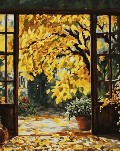 mantianhome Kreuzstich-Stickset im Landschaftsstil, Ginko-Baum im Garten, DIY-gedrucktes Kreuzstich-Stickbild-Set für erwachsene Anfänger, 40 x 50 cm, 11 Stiche von mantianhome