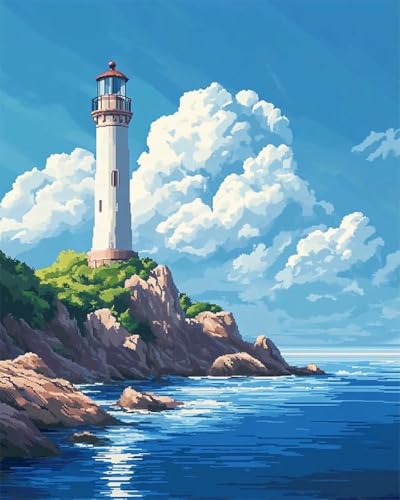 mantianhome Vorgedrucktes Kreuzstich-Set mit Naturlandschaft für Erwachsene und Anfänger, Leuchtturm am Meer, Kreuzstich-DIY-Stickerei-Set, Handarbeiten, DIY,40X50CM von mantianhome